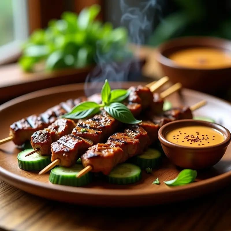 Satay de Ternera con Salsa de Cacahuete y Limón Kaffir: Receta Tailandesa en Brocheta para BBQ