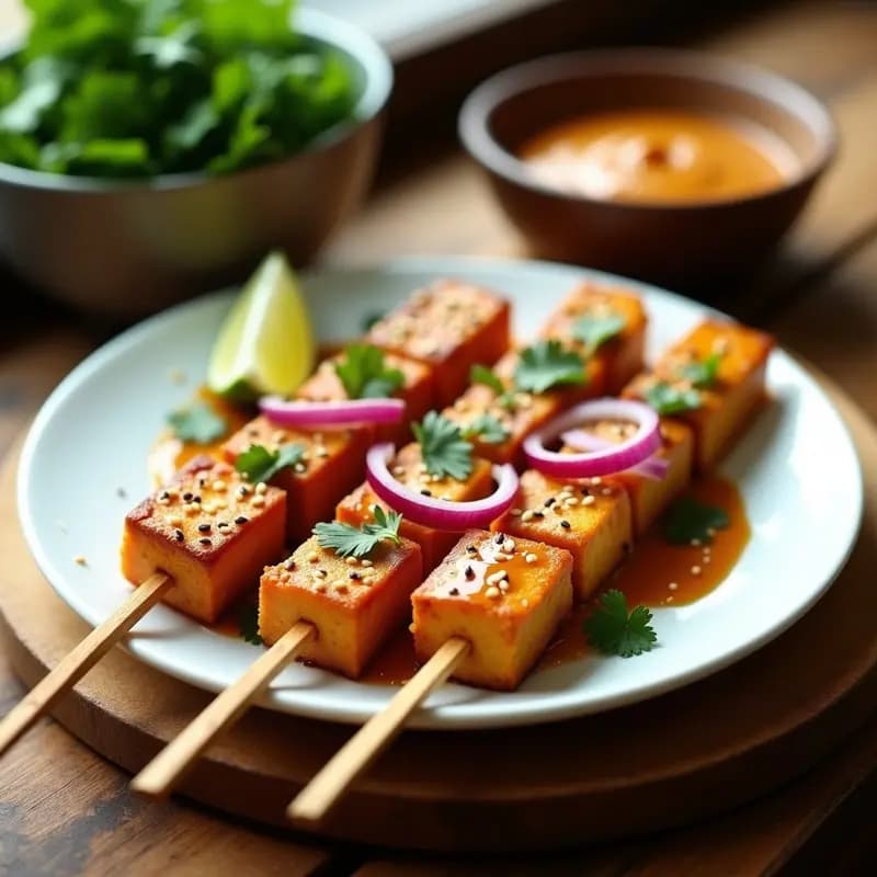 Satay Malasio de Tofoo Marinado en Cacahuete y Limón: Receta Vegana en Airfryer