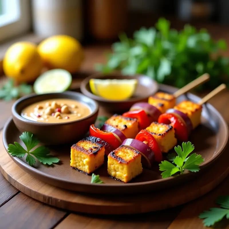 Satay de Tofu con Salsa de Cacahuete y Limón: Brochetas Indias Veganas en Grill con Toque Crujiente