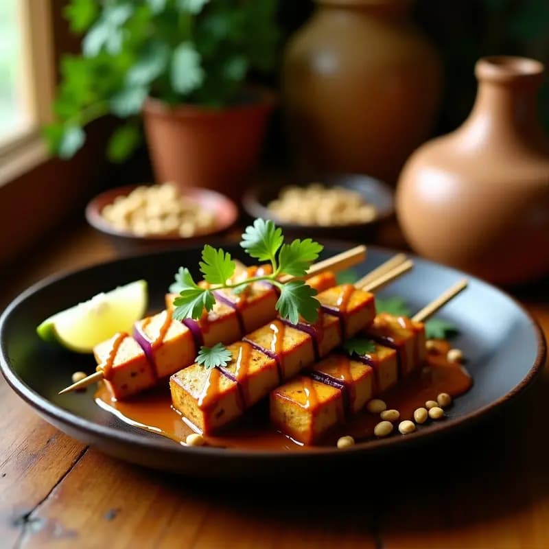 Satay de Tofu y Cacahuetes: Brochetas Indonesianas Veganas con Salsa de Tamarindo