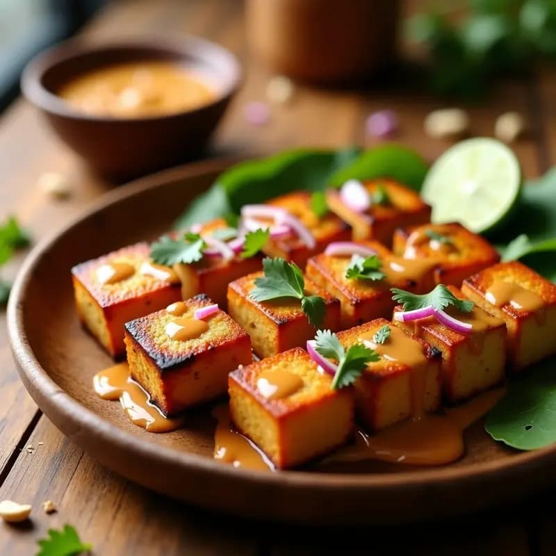 Satay de Tofu con Salsa de Cacahuete y Chile: Aperitivo Tailandés en Brochetas