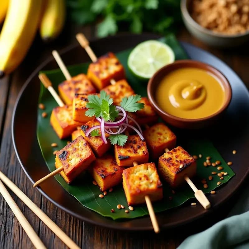 Satay de Tofu con Salsa de Cacahuete y Cúrcuma: Aperitivo Indonesio Crunchy y Vegano