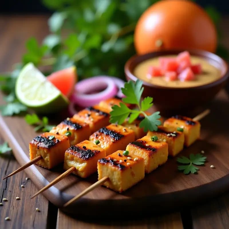 Satay de Tofu con Salsa de Cacahuete y Cítricos: Receta Malasia Vegana en Grill
