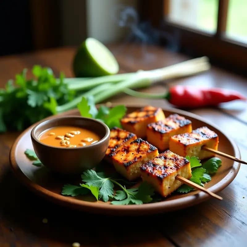 Satay de Tofu con Salsa de Cacahuete y Limón: Pinchos Tailandeses Veganos a la Parrilla