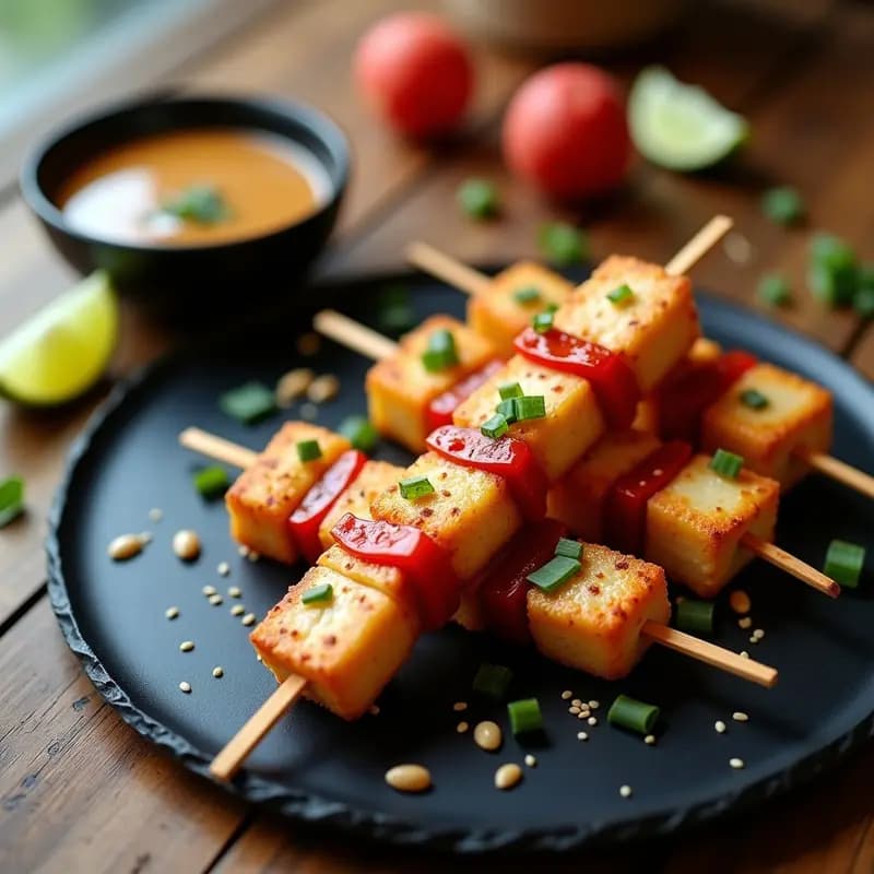 Satay de Tofu con Salsa de Cacahuete y Litchi: Brochetas Tailandesas Dulce-Saladas