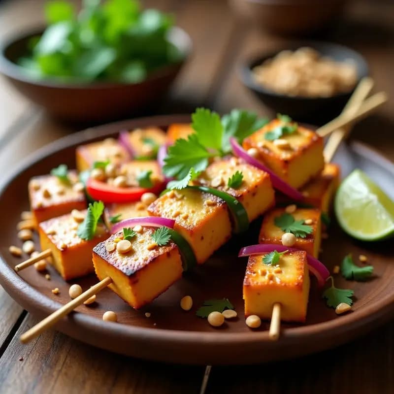 Satay de Tofu con Salsa de Cacahuete y Lima: Brochetas Asiáticas Altas en Proteína