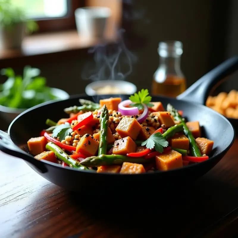 Satué Tailandés de Tofu y Espárragos: Salteado Picante y Vegano en Wok