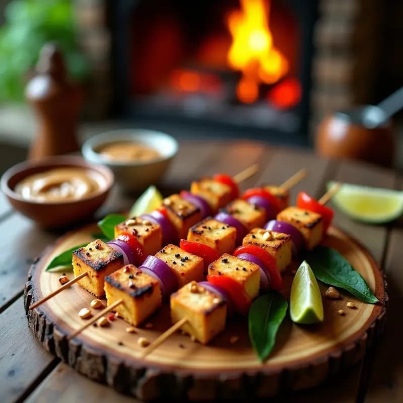 Sate de Tofu Marinado en Salsa de Cacahuete: Brochetas Indonecias Veganas a la Parrilla