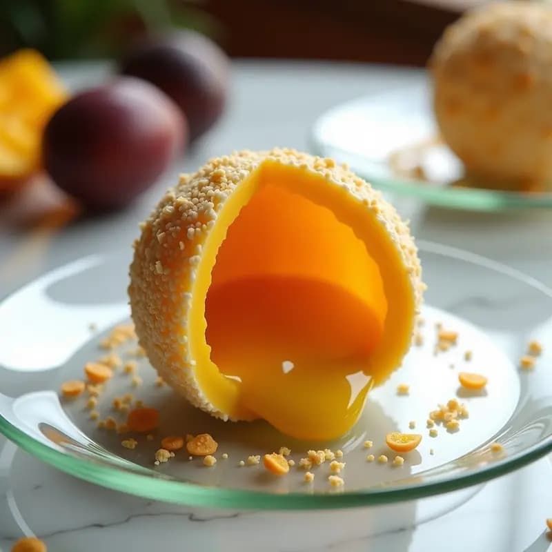 Sfera de Mango y Chía: Postre en Forma de Planeta con Sorpresa Líquida en el Centro