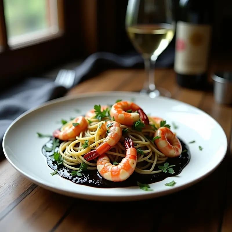 Sfoglia de Espagueti con Tinta de Calamar y Gambas: Receta Italiana Gourmet