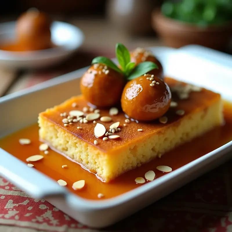 Shakriyya Palestino con Pollo de Sincelejo Vegano: Postre de Semolina con Jarabe de Dátiles