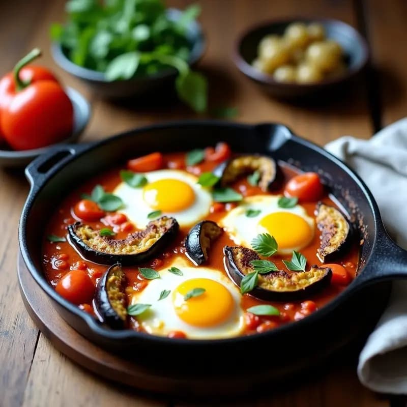 Shakshuka Libanesa con Berenjena Ahumada y Feta de Cabra: Desayuno Mediterráneo en Sartén