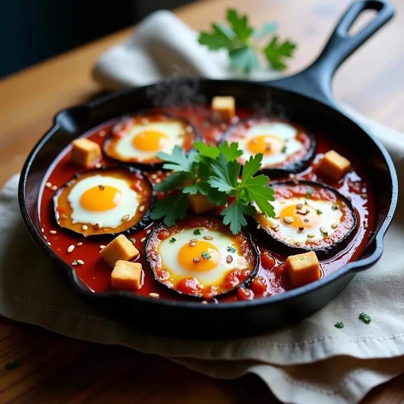Shakshuka con Berenjenas Asadas y Feta de Tofu: Receta Northwestern Africana Vegana
