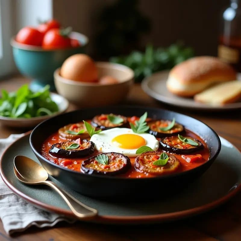 Shakshuka Marroquí con Berenjenas Asadas y Feta: Desayuno Picante y Energético en Olla de Hierro