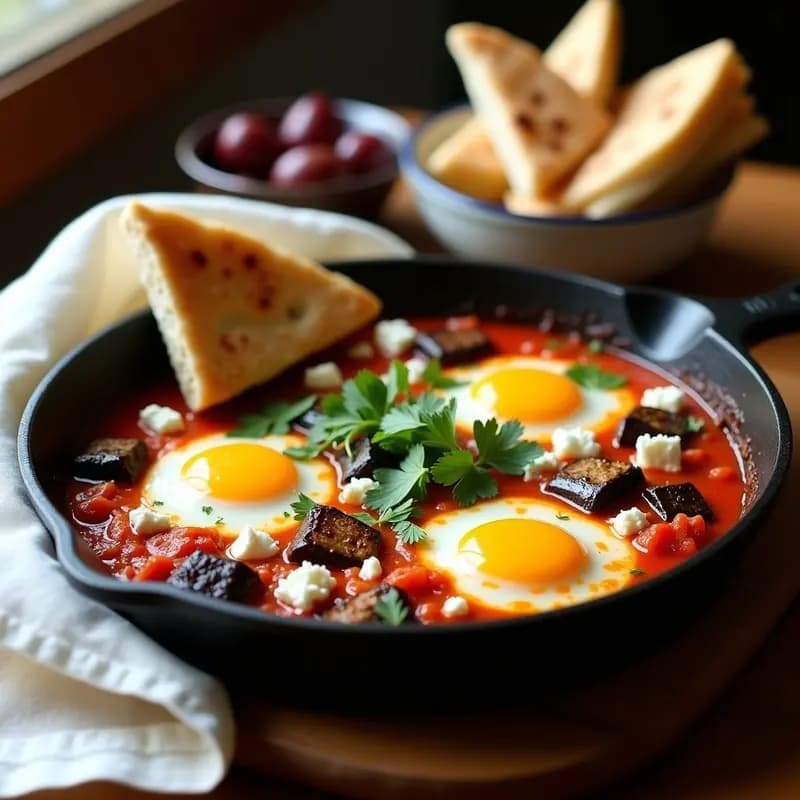 Shakshuka con Berenjena y Feta: Receta Norteafricana en Sartén con Pan de Pita Integral