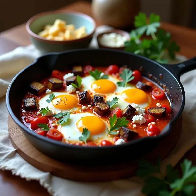 Shakshuka de Berenjena y Feta: Desayuno Tunecino en Sartén con Toque Picante