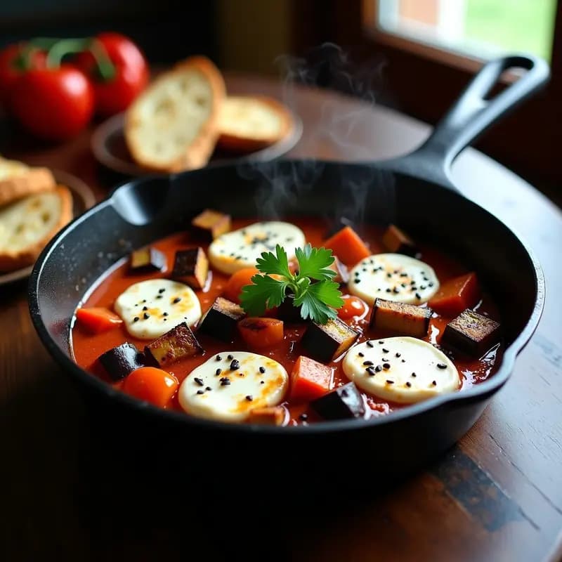 Shakshuka con Berenjena y Feta Vegana: Receta Negra en Sartén de Hierro