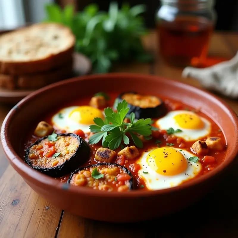 Shakshuka Marroquí con Berenjena y Feta Vegana: Desayuno o Cenado Picante y Nutritivo