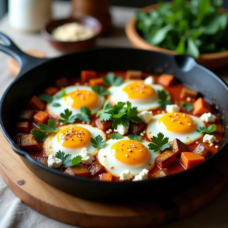 Shakshuka de Berenjena y Feta: Desayuno Israelí con Toque de Hierbas Frescas