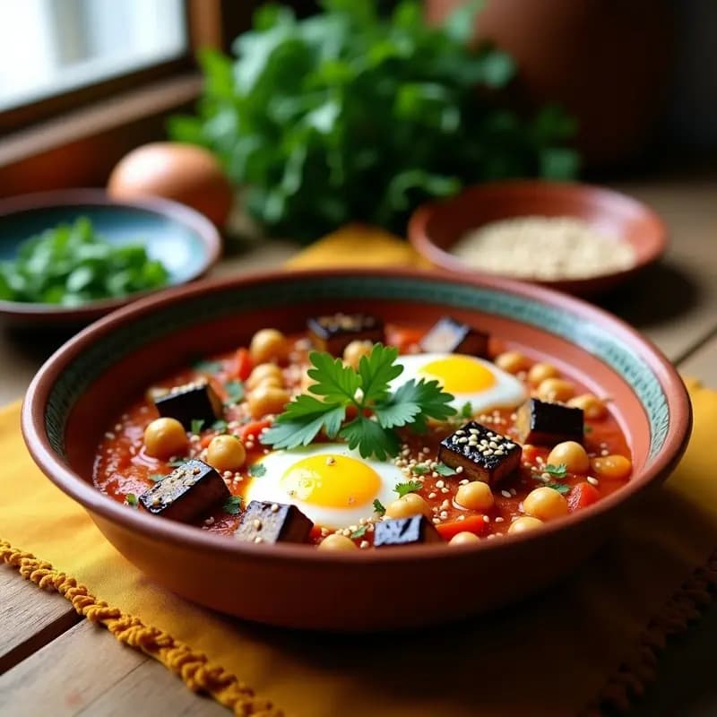 Shakshuka Marroquí con Berenjena y Garbanzos: Desayuno Proteico y Sin Gluten