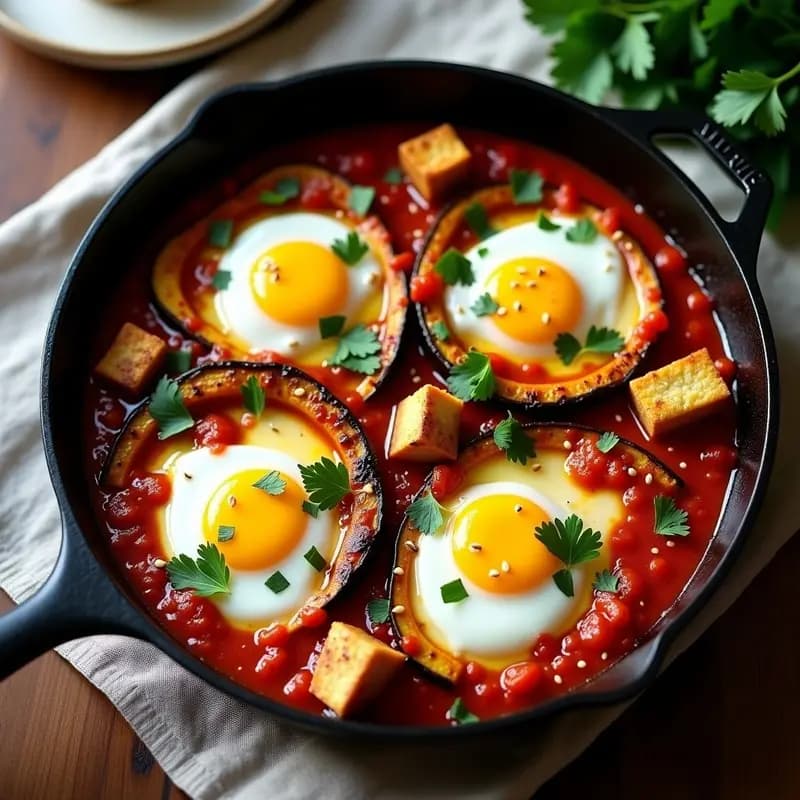 Shakshuka con Berenjenas Asadas y Queso Halloumi: Desayuno Libanés Proteico en 25 Minutos