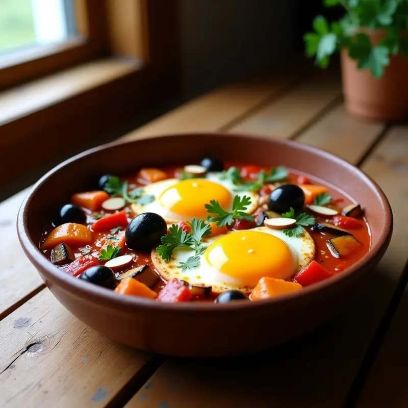 Shakshuka de Berenjena y Pimentón con Huevo de Lino: Desayuno Tunecino Vegano