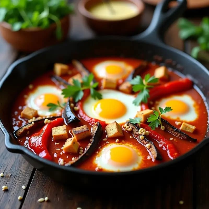 Shakshuka de Berenjena y Pimiento Asado: Desayuno Tunecino Vegano en Sartén