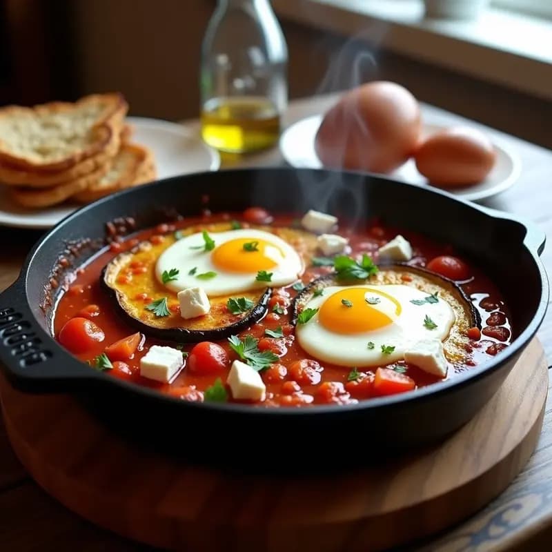 Shakshuka con Berenjena Asada y Queso de Cabra: Desayuno Tunecino en Sartén