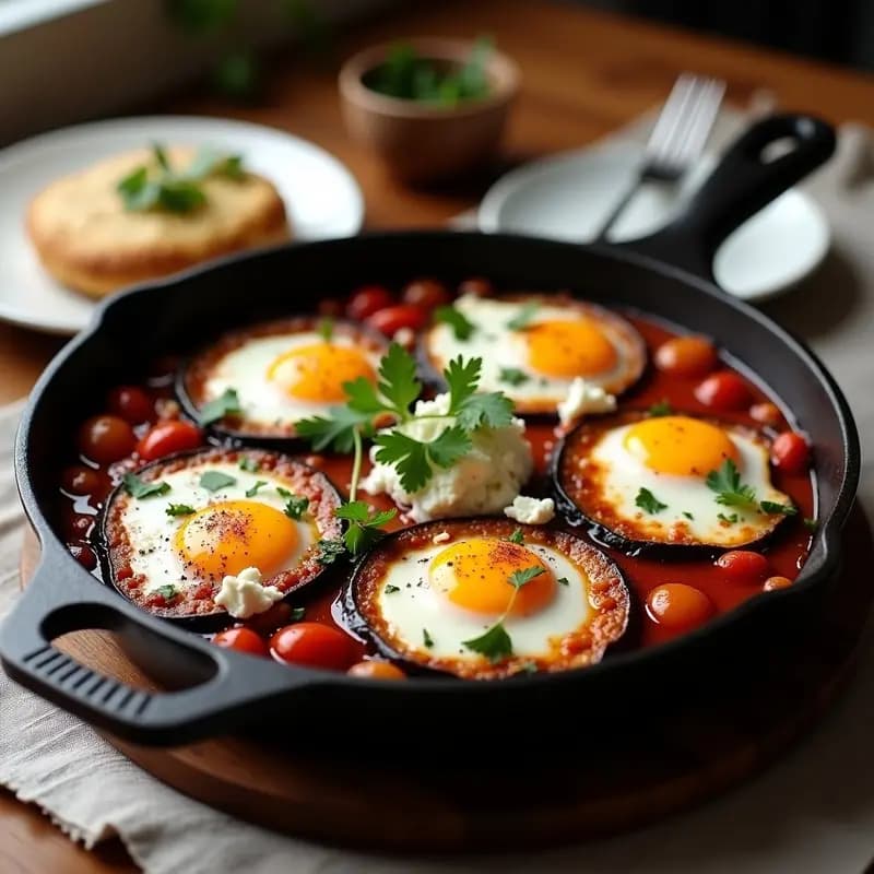 Shakshuka con Berenjena y Queso Feta: Receta Israíeli Baja en Calorías en Sartén