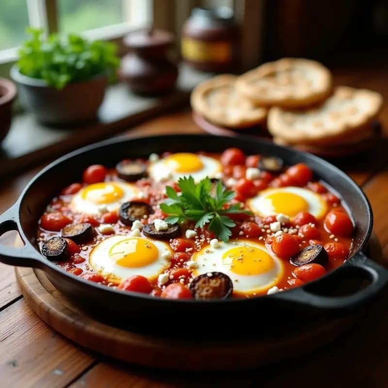 Shakshuka de Berenjena y Queso Feta: Desayuno Tunecino con Huevos Poché