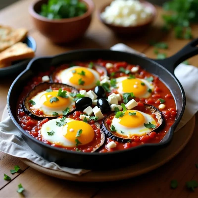 Shakshuka con Berenjena y Queso Feta: Receta Tunecina en Sartén con Toque Griego