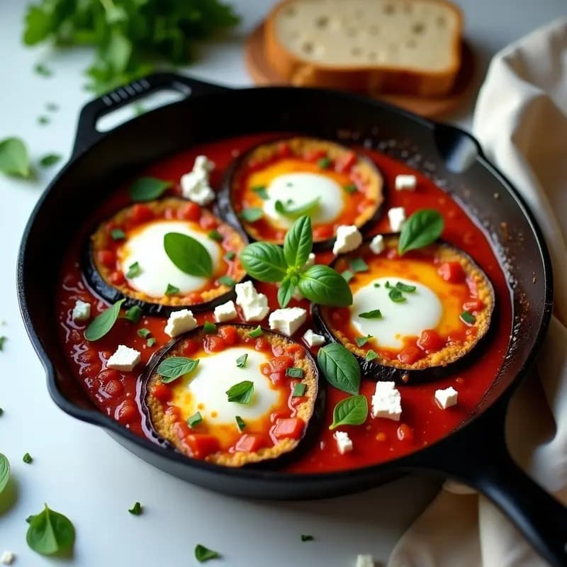 Shakshuka con Berenjena y Queso Feta: Desayuno magrebí virgen en sartén en 15 minutos