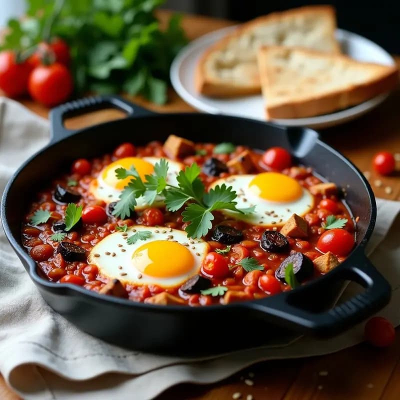 Shakshuka de Berenjena y Tomate Seco: Desayuno Tunecino Vegano con Pan de Pita