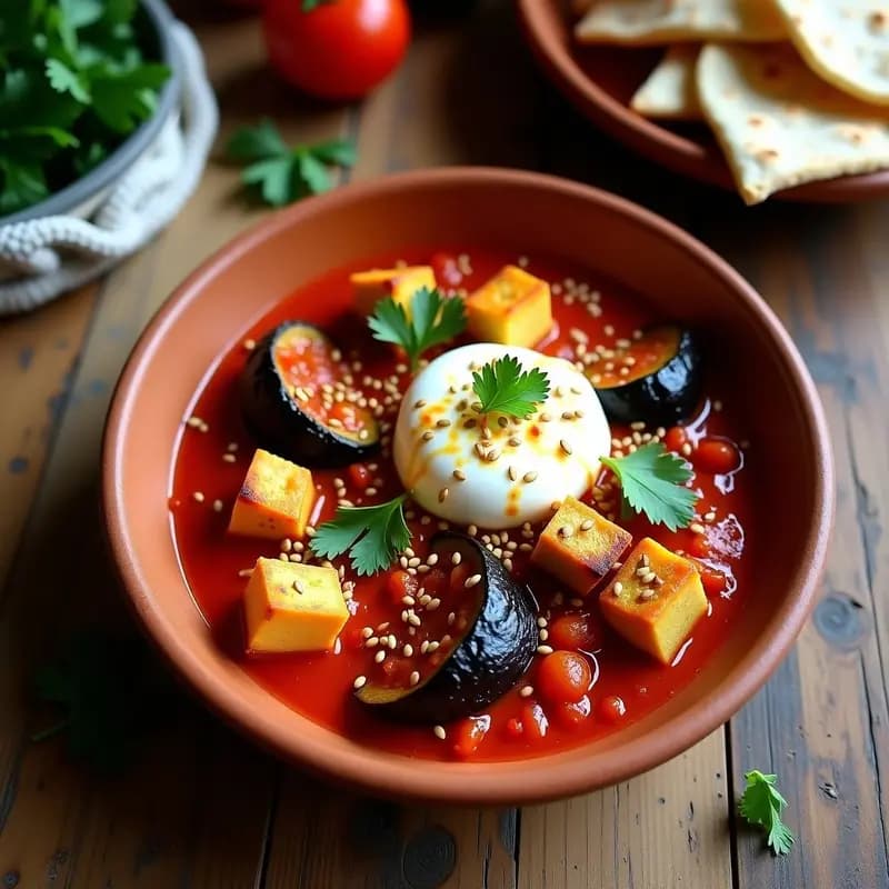Shakshuka con Berenjenas Asadas: Receta Tunecina Vegana con Toque de Harissa
