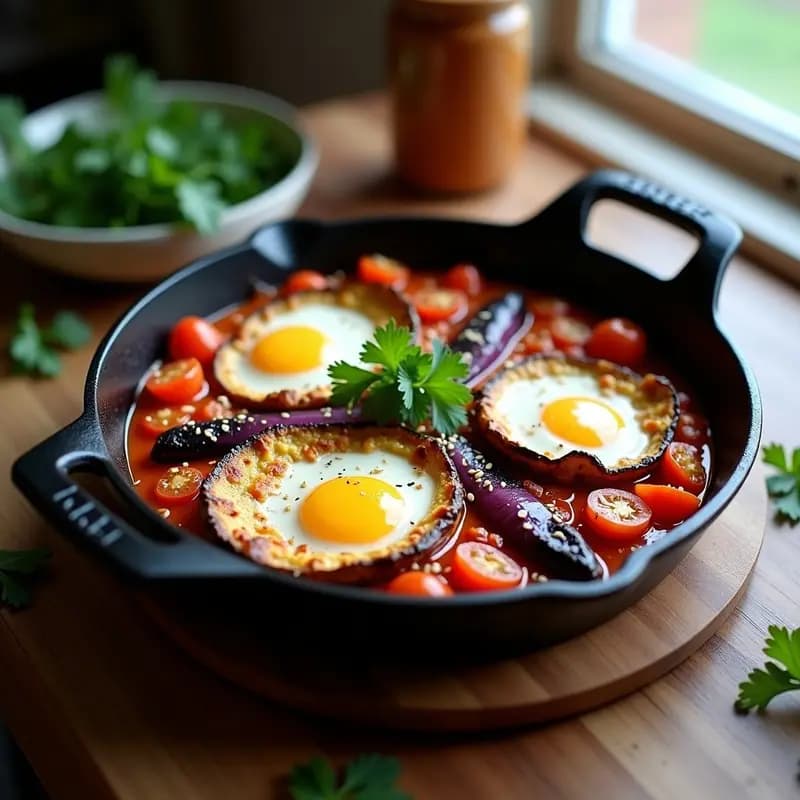 Shakshuka con Berenjena Asada: Desayuno Egipcio Vegano y Alto en Proteína