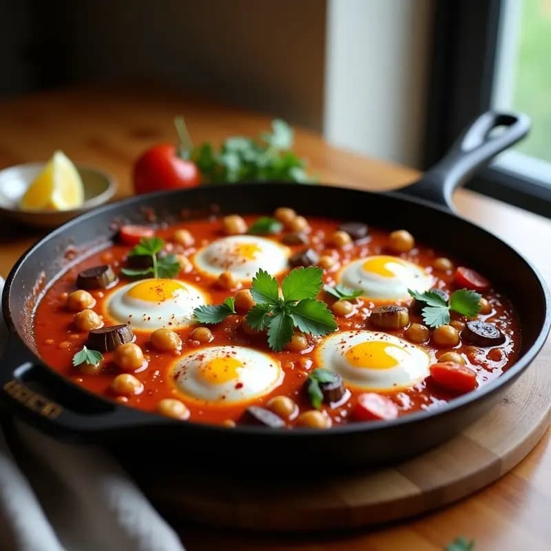 Shakshuka con Berenjenas Asadas: Receta Tunisina Alta en Proteína