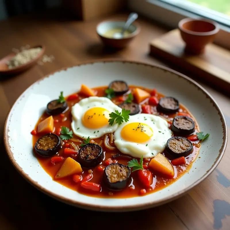 Shakshuka de Berenjenas y Pimientos con Huevo Poché: Desayuno Tunecino Alto en Proteína