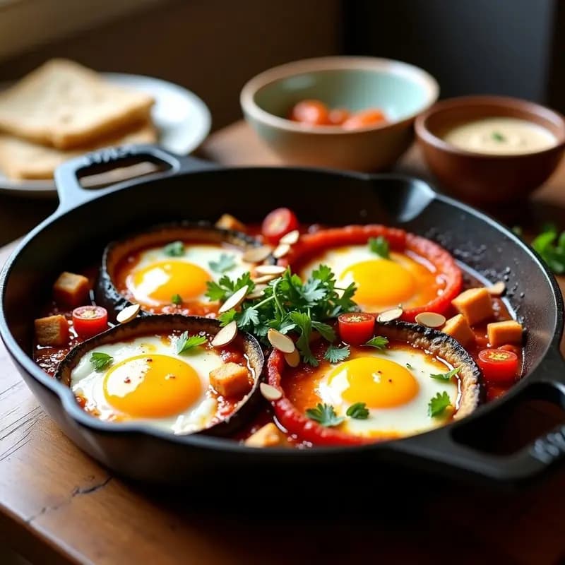 Shakshuka Tunecina con Berenjenas y Pimientos: Desayuno Vegano en Sartén
