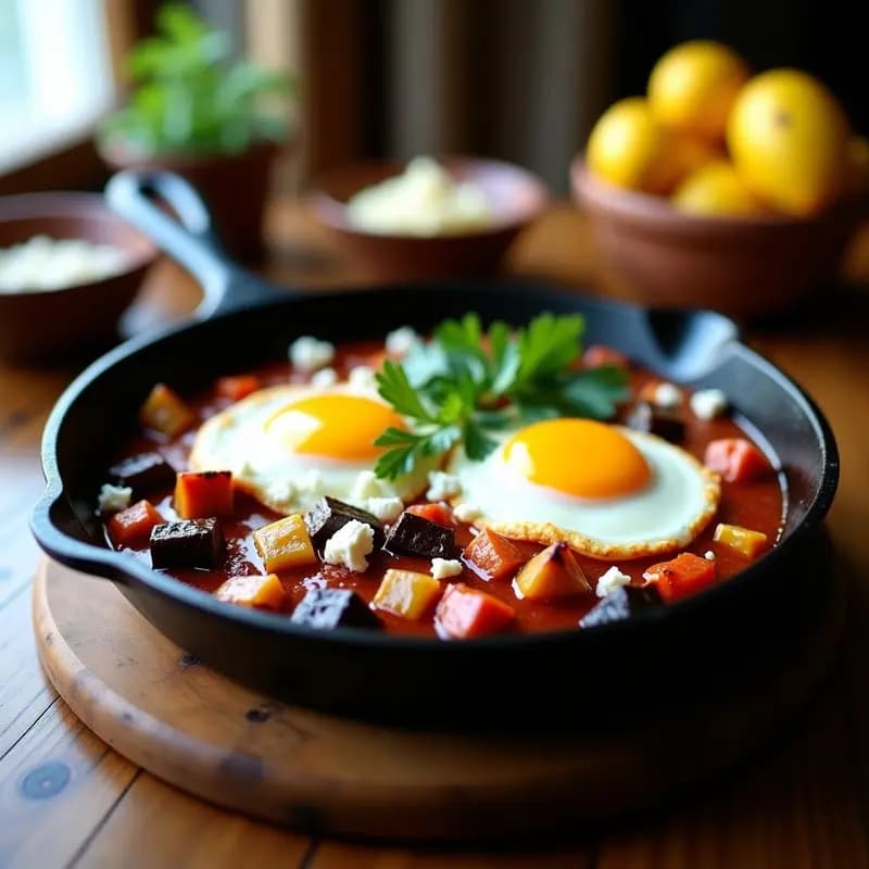 Shakshuka con Berenjenas Asadas y Queso Feta: Desayuno tunecino keto en sartén