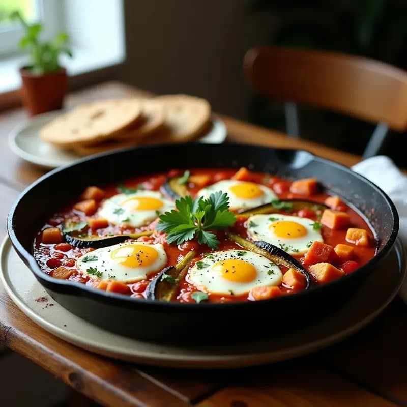 Shakshuka de Calabacín y Berenjena con Queso Feta: Receta Tunecina Vegana Adaptable