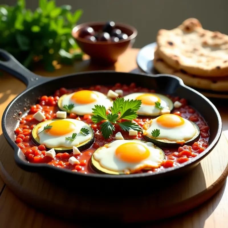 Shakshuka de Calabacín y Feta con Pan de Pita Integral: Desayuno Israelí Alta en Proteína