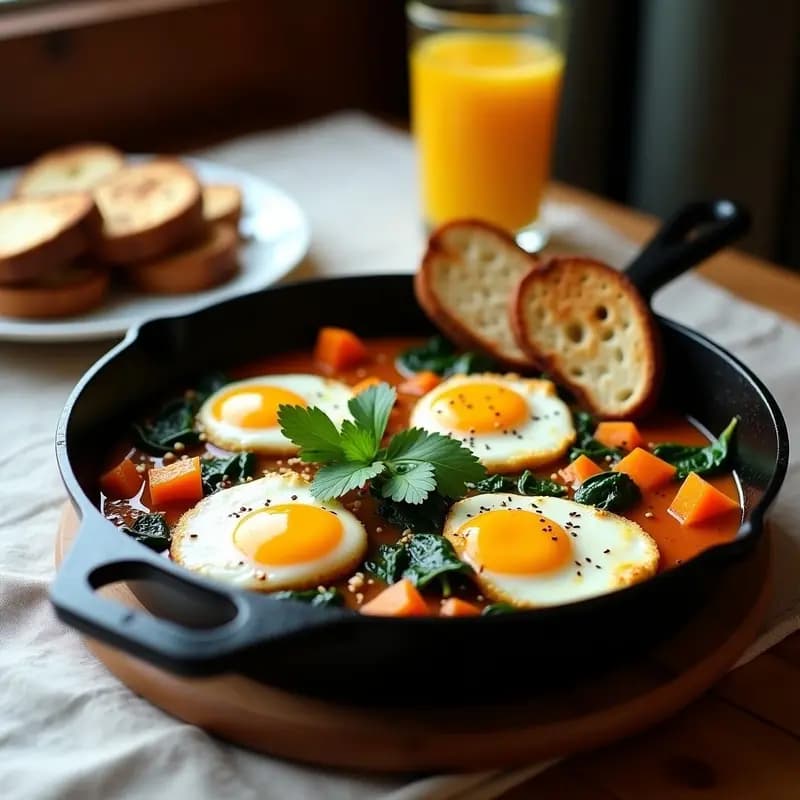 Shakshuka de Calabaza y Espinacas con Pan de Centeno: Desayuno Tunecino en Sartén