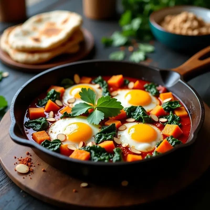 Shakshuka de Calabaza y Espinacas con Huevos de Lino: Desayuno Tunecino Vegano