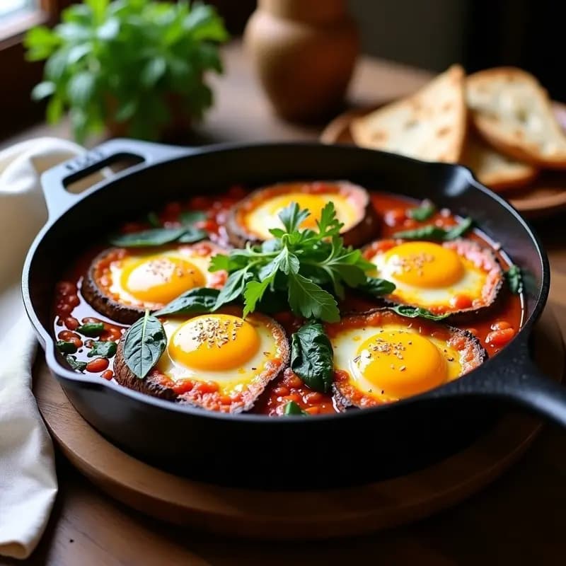 Shakshuka de Champiñones y Espinacas: Receta Árabe Vegana para Desayuno o Cena