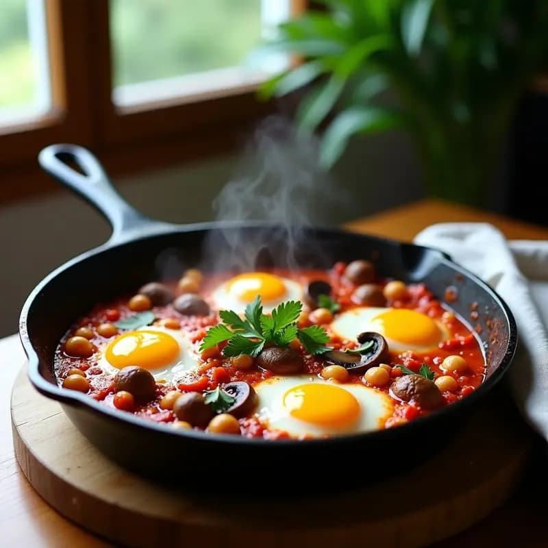 Shakshuka de Champiñones y Pimentón: Desayuno Vegetariano y Alto en Proteínas