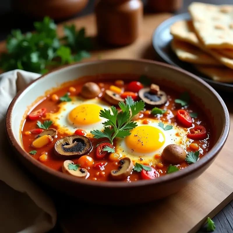 Shakshuka de Champiñones y Pimientos: Desayuno Africano Vegano y Alto en Proteína