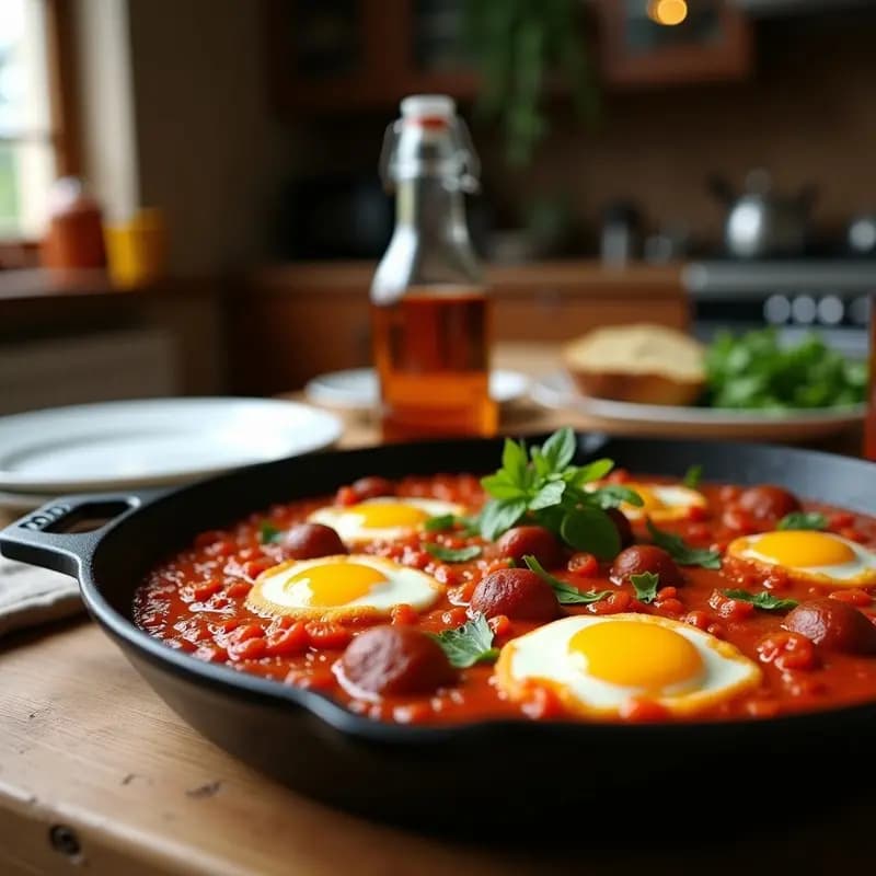 Shakshuka con Chorizo Ibérico y Espinacas: Receta Norteafricana con Toque Español