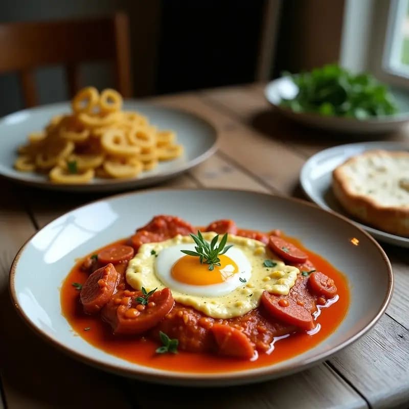 Shakshuka con Chorizo Ibérico y Queso de Cabra: Desayuno Tunecino-Español en Sartén