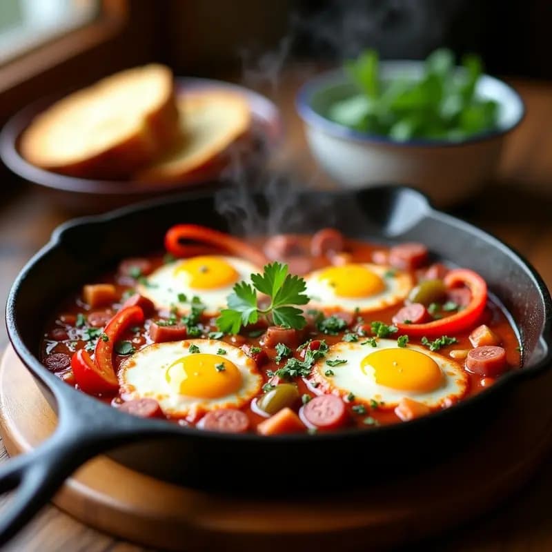 Shakshuka con Chorizo y Pimientos Asados: Desayuno Español Picante en Sartén
