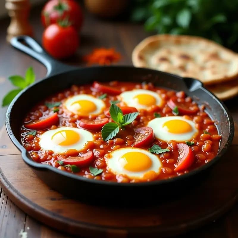 Shakshuka Marroquí con Chorizo y Pan de Pita: Desayuno Proteico en Sartén